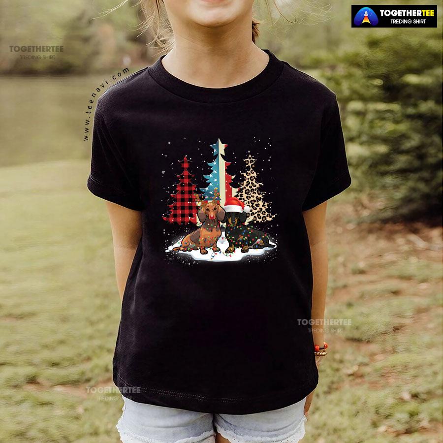Merry Christmas Dachshunds Standing Beside Xmas Trees American Flag Leopard And Plaid Trees T-Shirt - Image 4