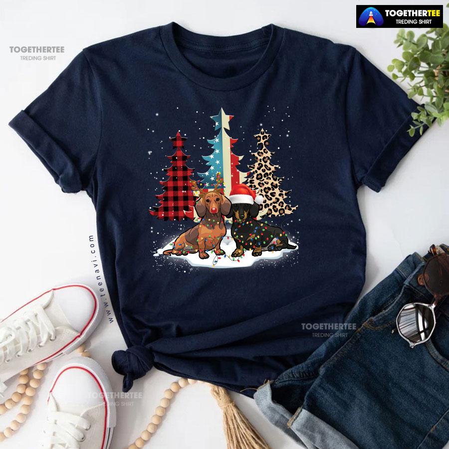 Merry Christmas Dachshunds Standing Beside Xmas Trees American Flag Leopard And Plaid Trees T-Shirt - Image 5