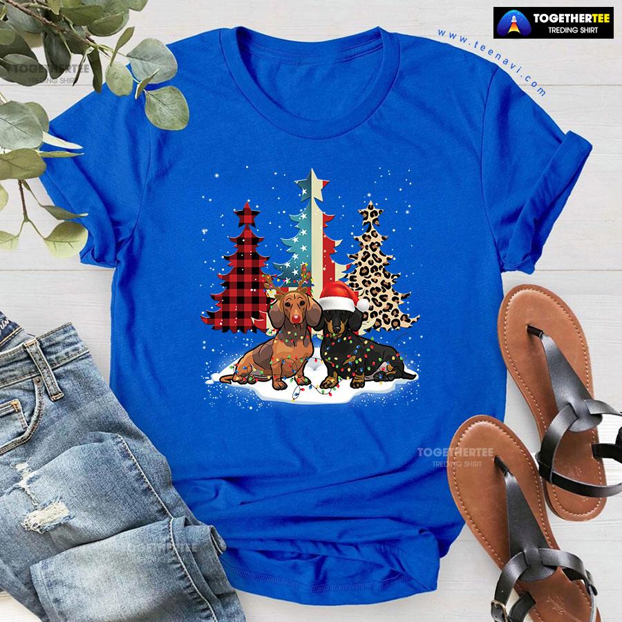 Merry Christmas Dachshunds Standing Beside Xmas Trees American Flag Leopard And Plaid Trees T-Shirt - Image 6