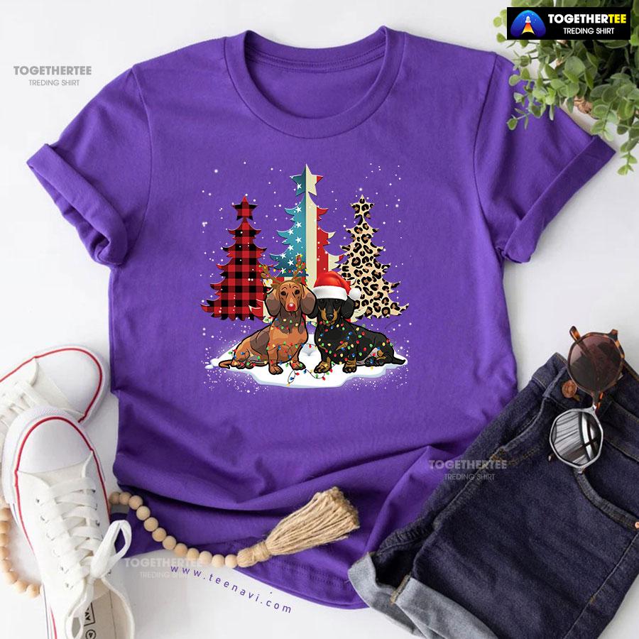 Merry Christmas Dachshunds Standing Beside Xmas Trees American Flag Leopard And Plaid Trees T-Shirt - Image 7