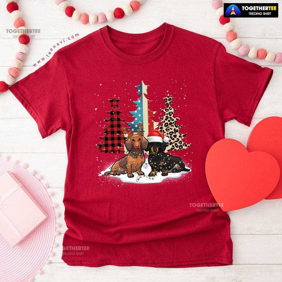 Merry Christmas Dachshunds Standing Beside Xmas Trees American Flag Leopard And Plaid Trees T-Shirt - Image 8