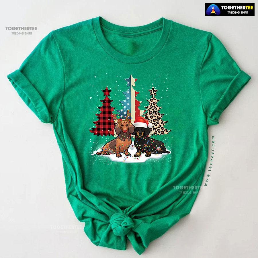Merry Christmas Dachshunds Standing Beside Xmas Trees American Flag Leopard And Plaid Trees T-Shirt - Image 9