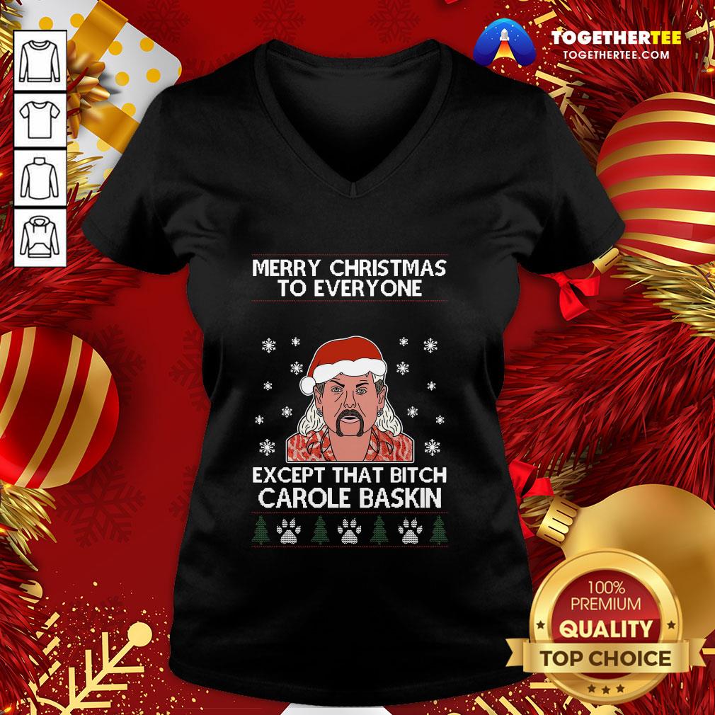 Funny Tiger King Joe Exotic Merry Christmas To Everyone Except That Bitch Carole Baskin Ugly Christmas Shirt - Image 2