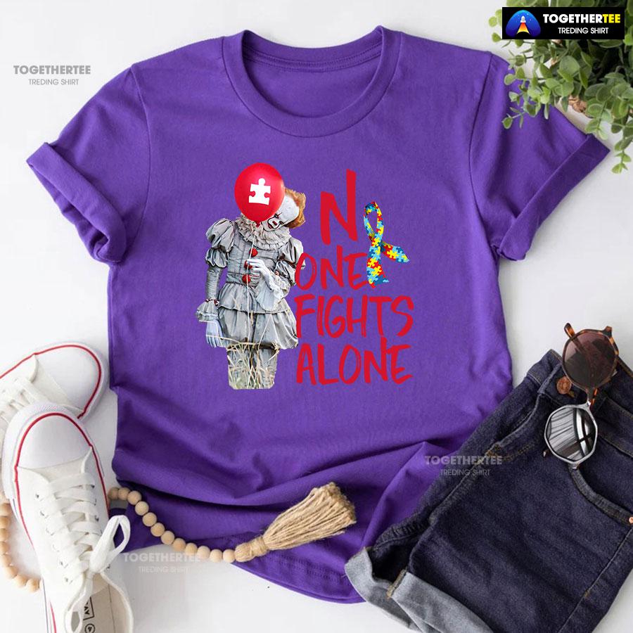 IT Pennywise Autism Awareness No One Fight Alone T-Shirt - Image 6