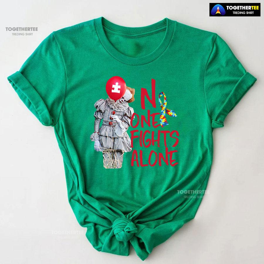 IT Pennywise Autism Awareness No One Fight Alone T-Shirt - Image 7