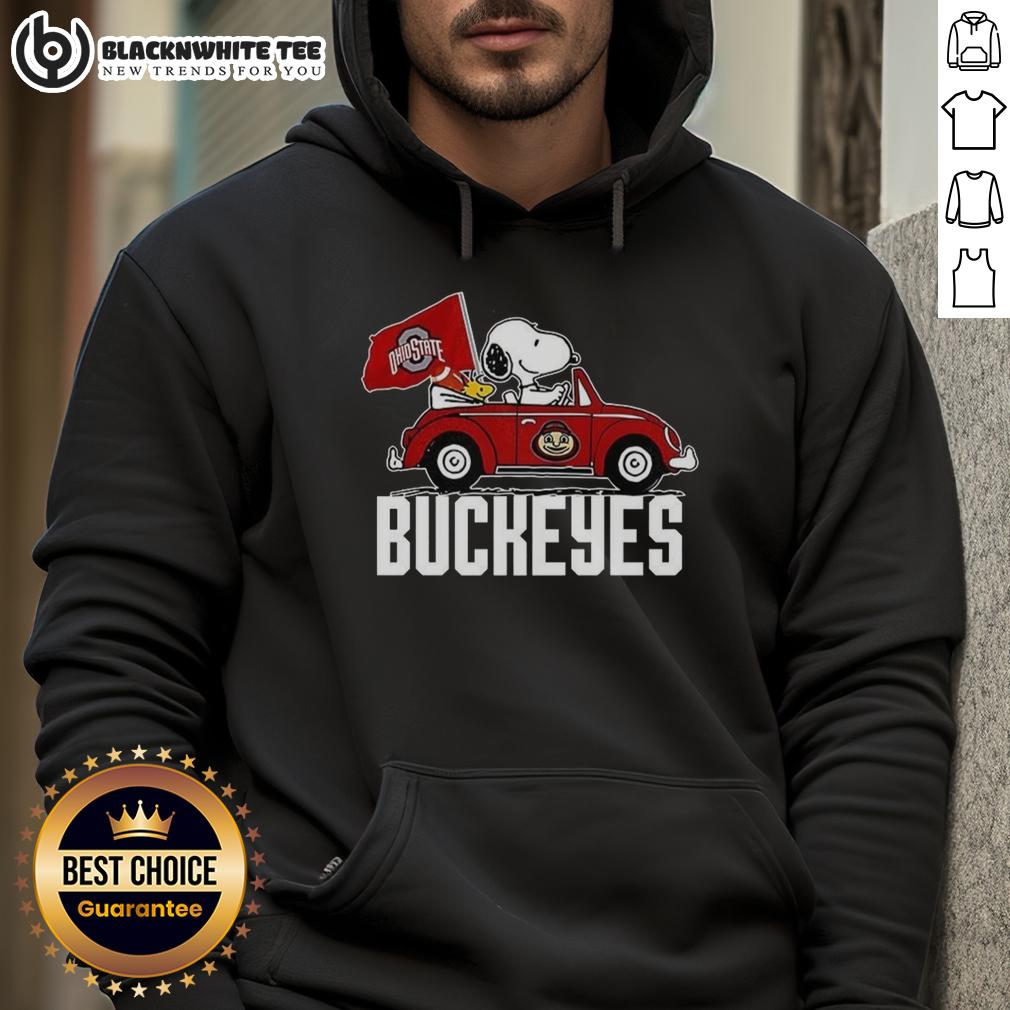 Awesome Snoopy And Woodstock Driving Car With Ohio State Buckeyes Flag T-Shirt - Image 2