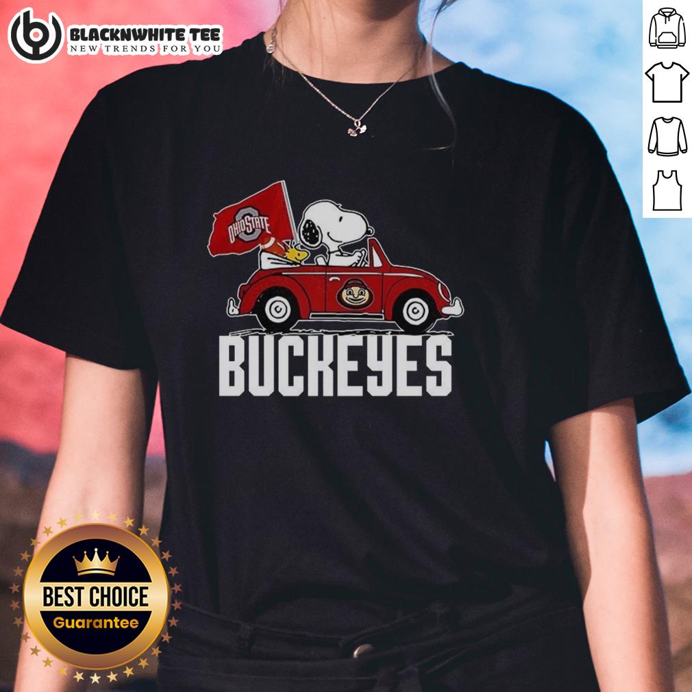 Awesome Snoopy And Woodstock Driving Car With Ohio State Buckeyes Flag T-Shirt - Image 3