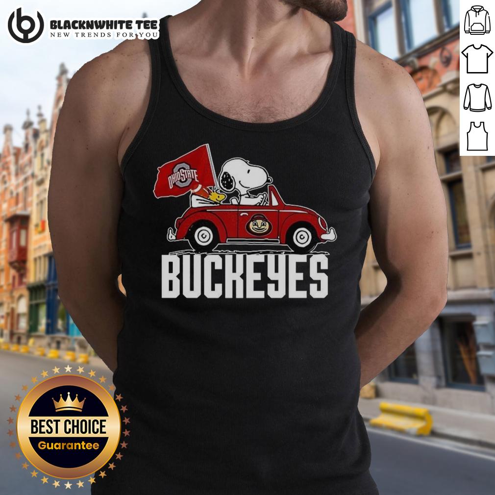 Awesome Snoopy And Woodstock Driving Car With Ohio State Buckeyes Flag T-Shirt - Image 4