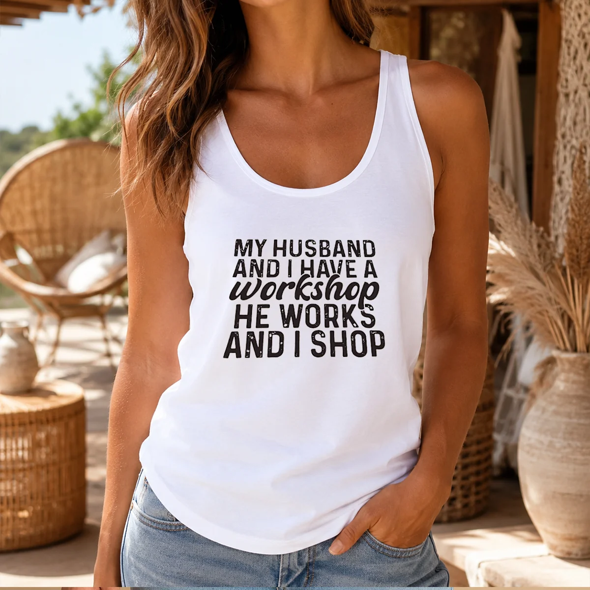 Funny My Husband And I Have A Workshop He Works And I Shop Shirt - Image 3