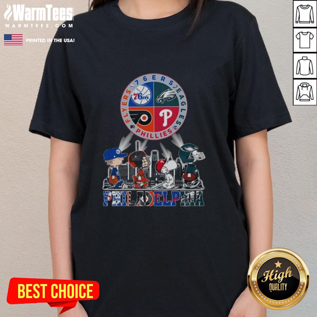 Awesome Philadelphia Sports Teams Snoopy 76ers Eagles Flyers Phillies T-Shirt - Image 3