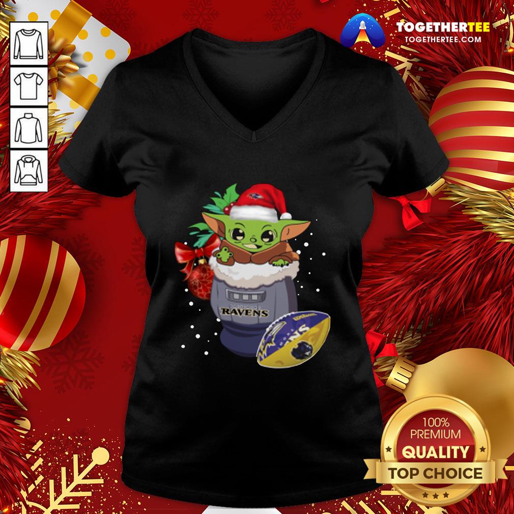 Hot Baltimore Ravens Christmas Baby Yoda Star Wars Funny Happy NFL T-Shirt - Image 2