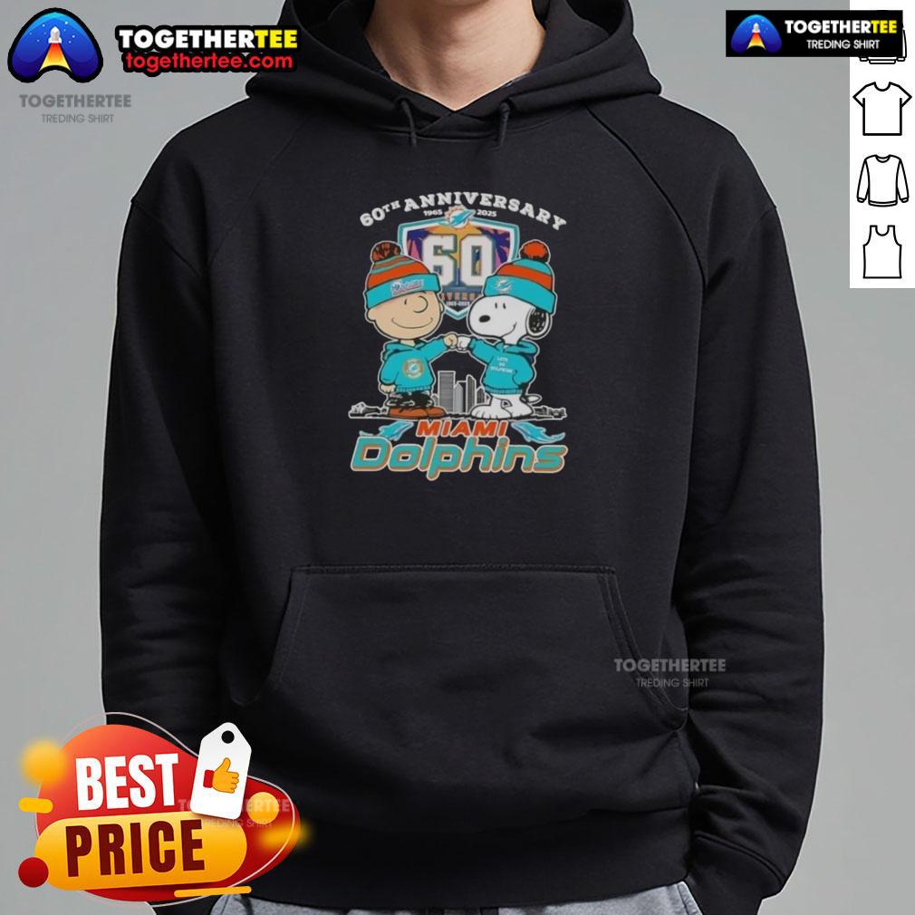 Original Charlie Brown Fist Bump Snoopy 60th Anniversary 1965 2025 Miami Dolphins Skyline T-Shirt - Image 2