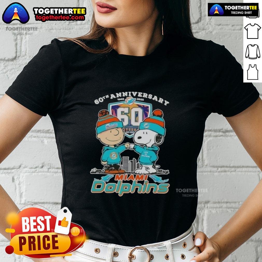 Original Charlie Brown Fist Bump Snoopy 60th Anniversary 1965 2025 Miami Dolphins Skyline T-Shirt - Image 3