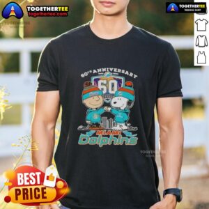 Original Charlie Brown Fist Bump Snoopy 60th Anniversary 1965 2025 Miami Dolphins Skyline T-Shirt