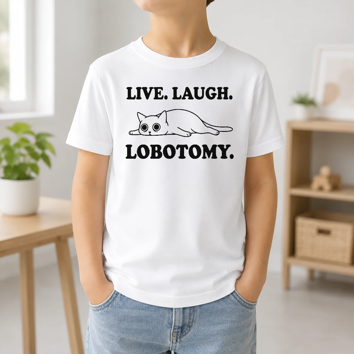 Original Live Laugh Lobotomy Flat Cat Graphic Geek Shirt - Image 9