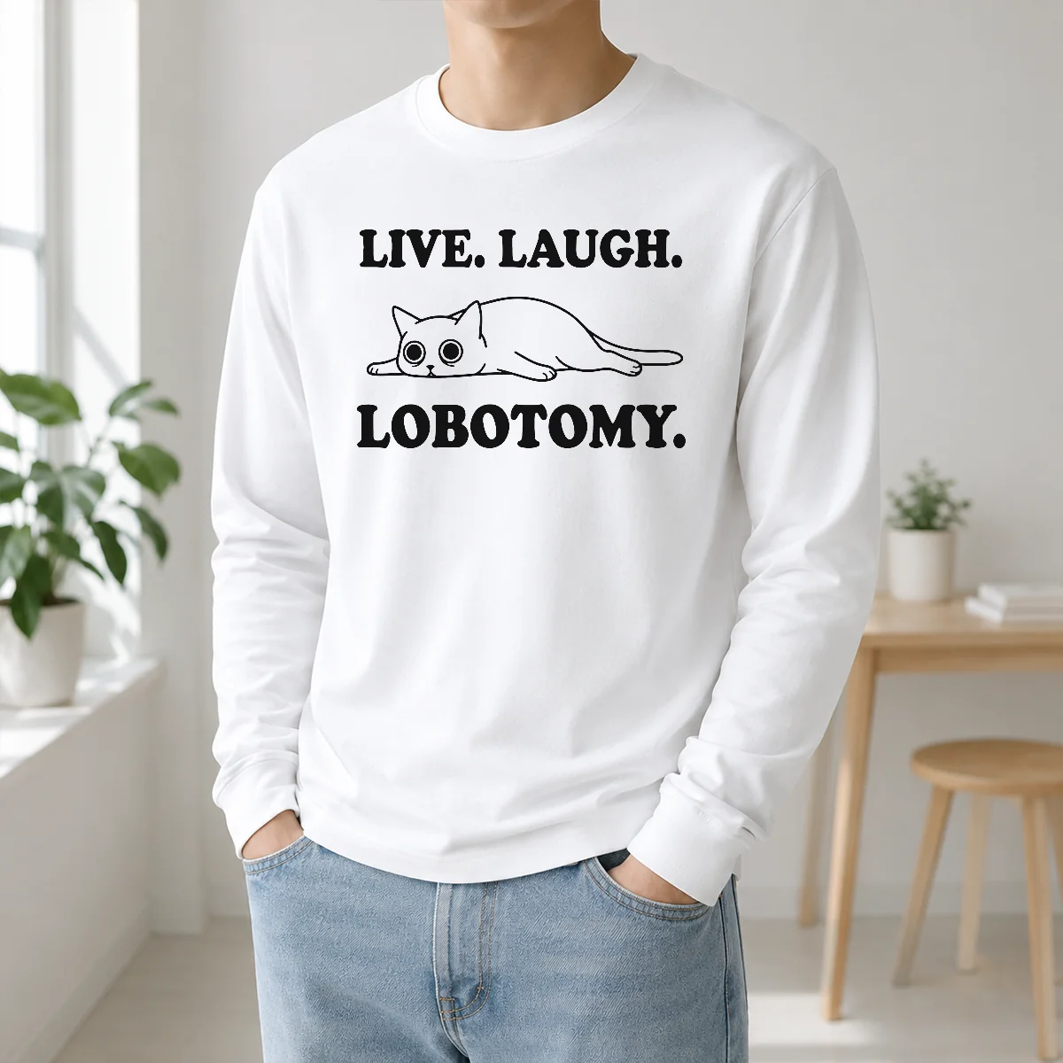 Original Live Laugh Lobotomy Flat Cat Graphic Geek Shirt - Image 5