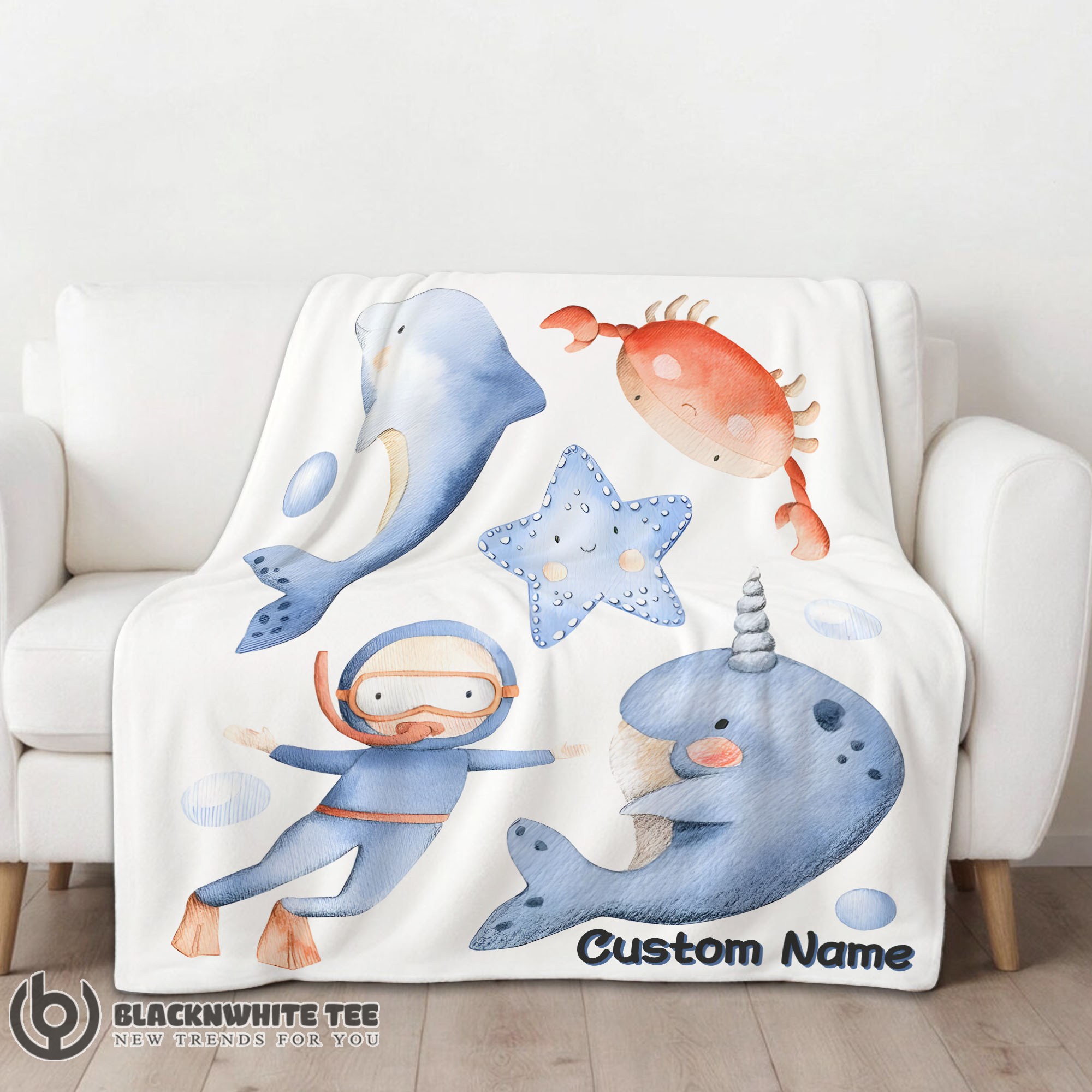 Perfect Pretty Sea's Treasures Narwhal Dolphin Crab Starfish Scuba Divers Blanket Fleece Customized Blanket - Image 2