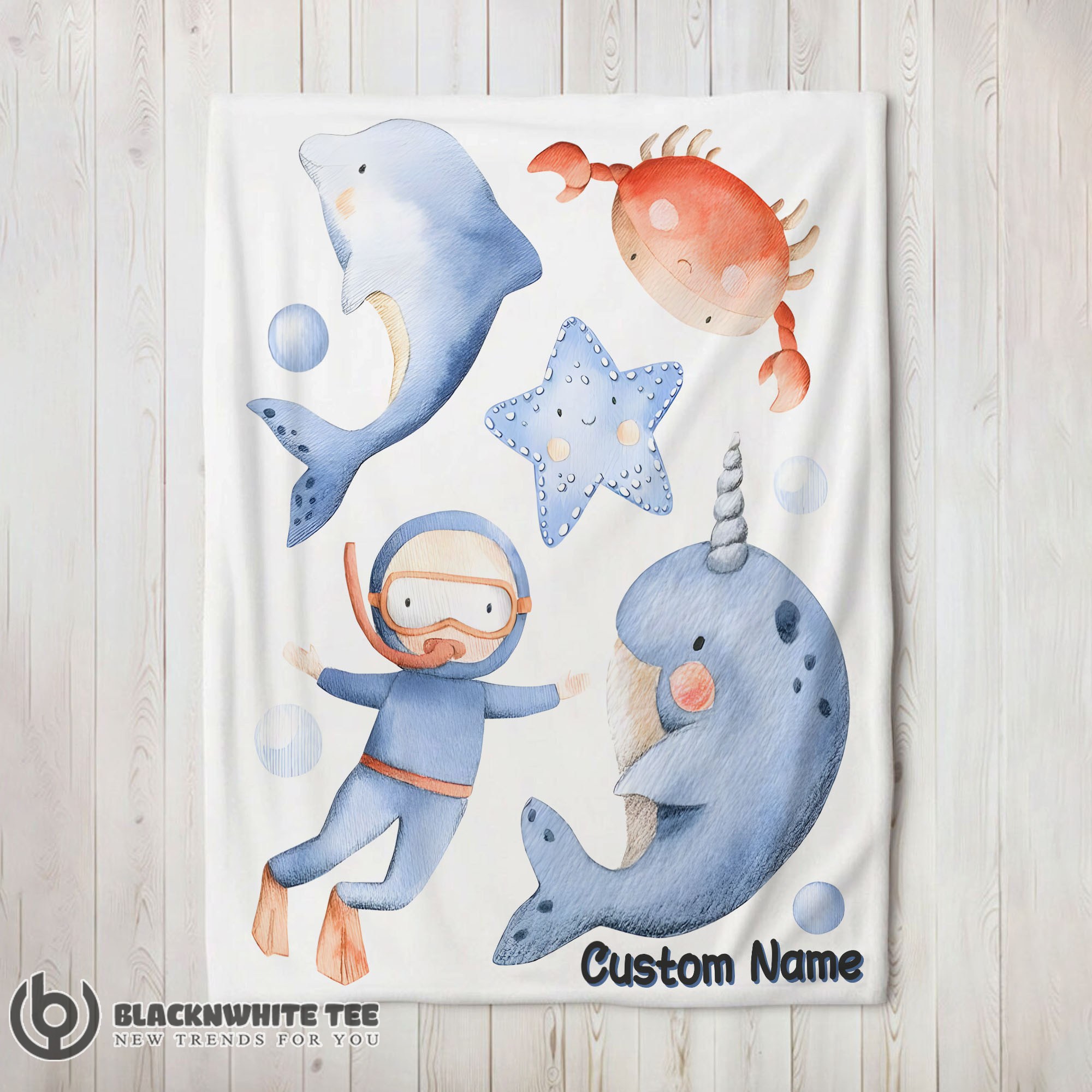 Perfect Pretty Sea's Treasures Narwhal Dolphin Crab Starfish Scuba Divers Blanket Fleece Customized Blanket