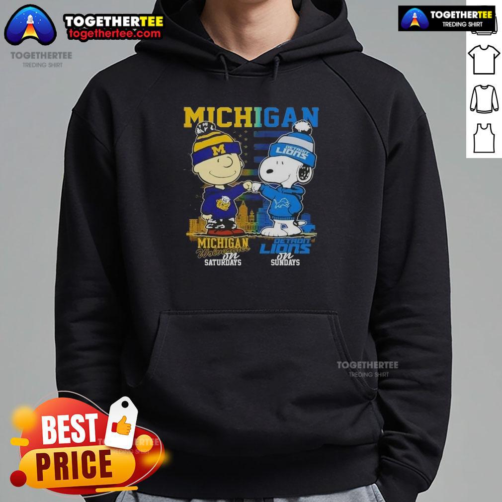 Awesome Michigan Sports Charlie Brown Wolverines On Saturdays X Snoopy Detroit Lions On Sundays Skyline T-Shirt - Image 2