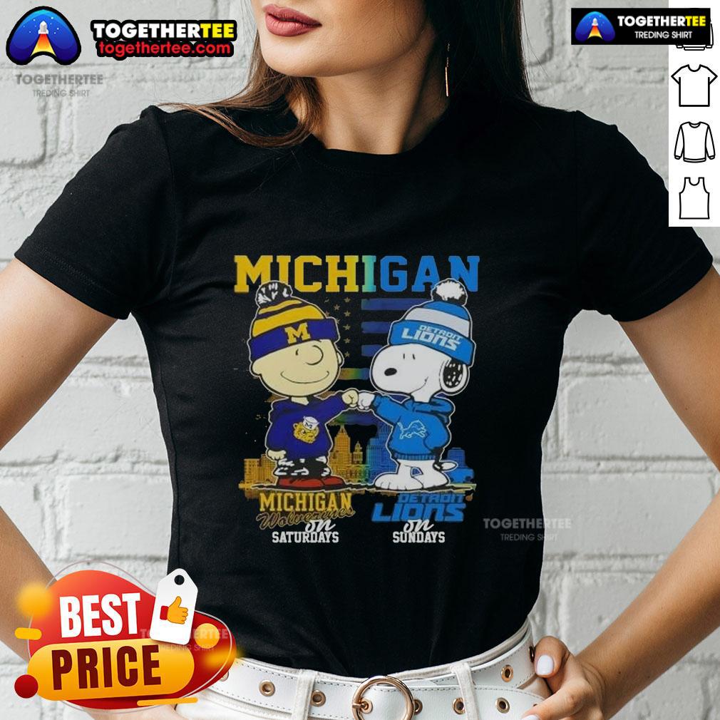 Awesome Michigan Sports Charlie Brown Wolverines On Saturdays X Snoopy Detroit Lions On Sundays Skyline T-Shirt - Image 3