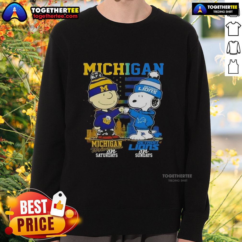 Awesome Michigan Sports Charlie Brown Wolverines On Saturdays X Snoopy Detroit Lions On Sundays Skyline T-Shirt - Image 5