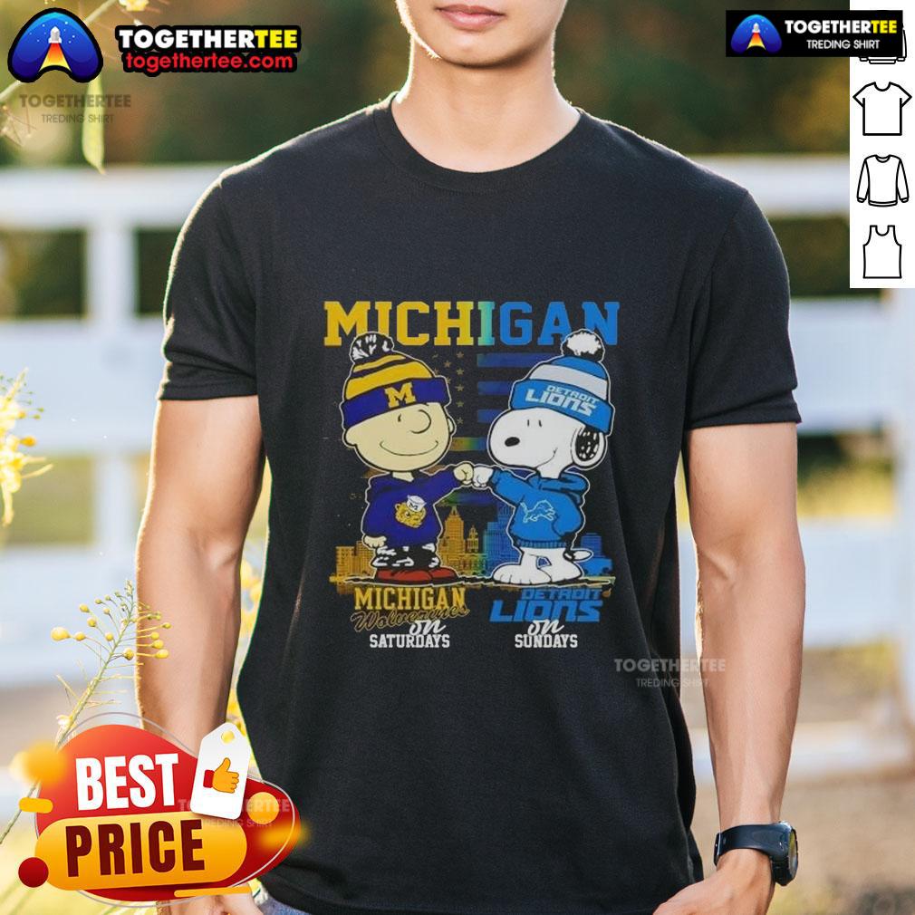 Awesome Michigan Sports Charlie Brown Wolverines On Saturdays X Snoopy Detroit Lions On Sundays Skyline T-Shirt