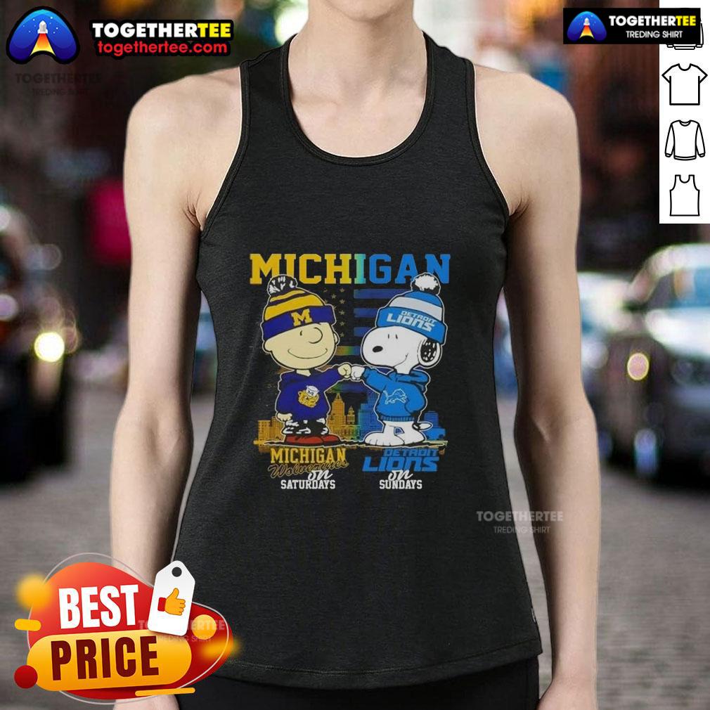 Awesome Michigan Sports Charlie Brown Wolverines On Saturdays X Snoopy Detroit Lions On Sundays Skyline T-Shirt - Image 4