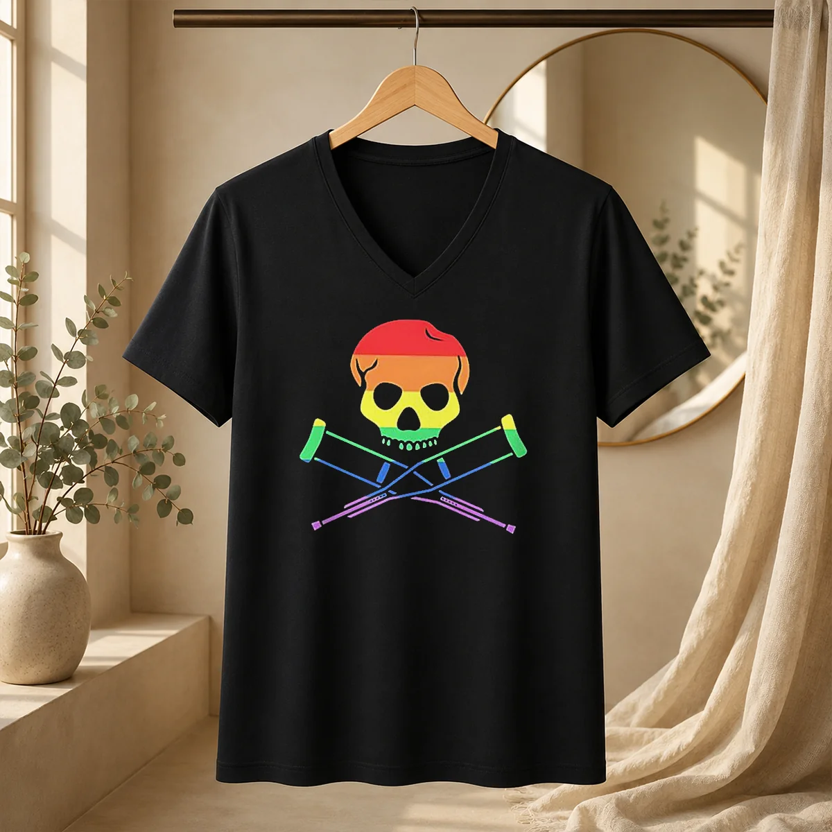 Premium Rainbow Skull And Crutches Pride Symbol Disability Awareness Shirt - Image 2