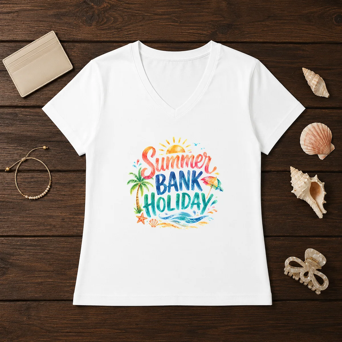 Nice Watercolor Summer Bank Holiday Beach Palm Starfish Shirt - Image 2