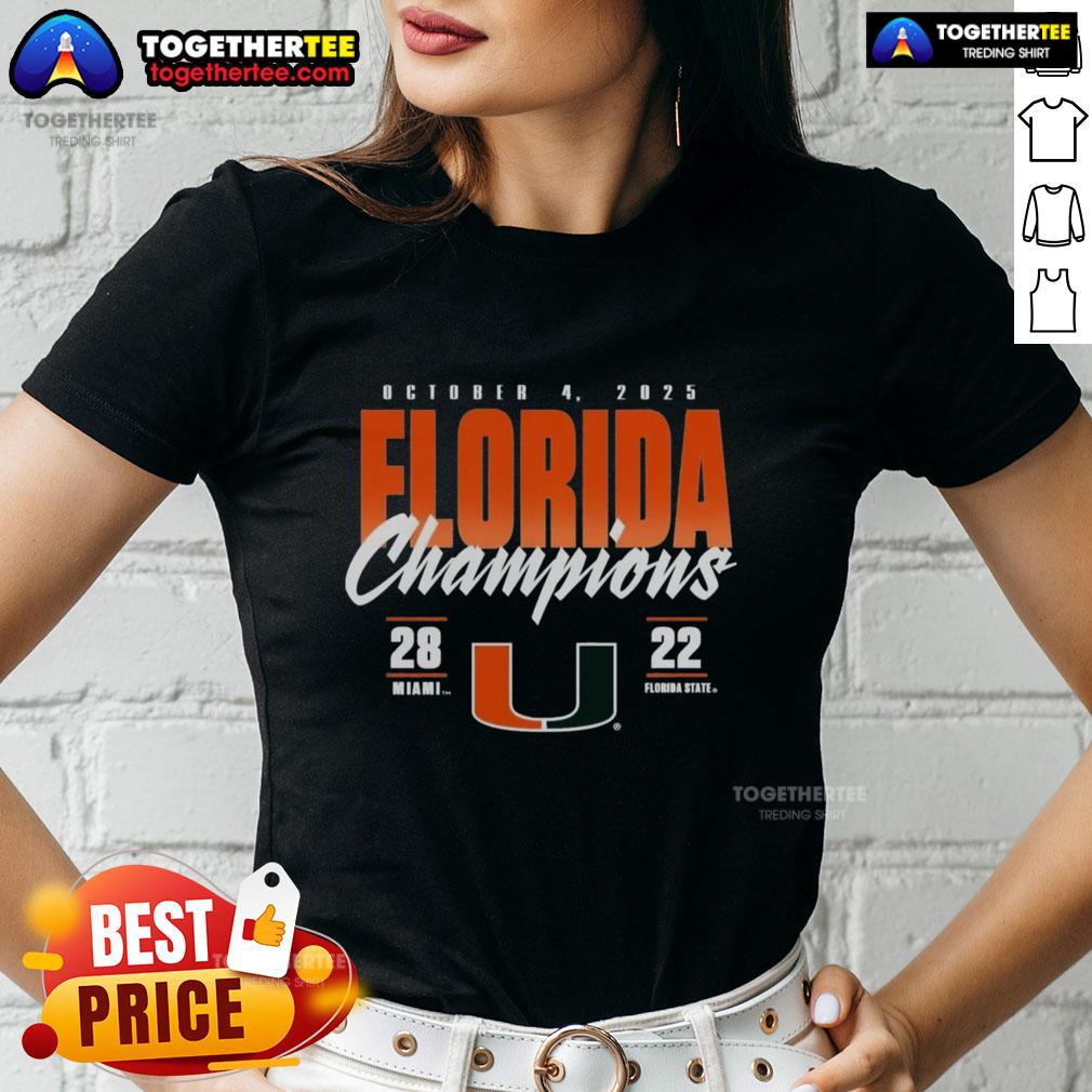 Official Miami Hurricanes Vs. Florida State Seminoles 2025 State Champions Score T-Shirt - Image 3