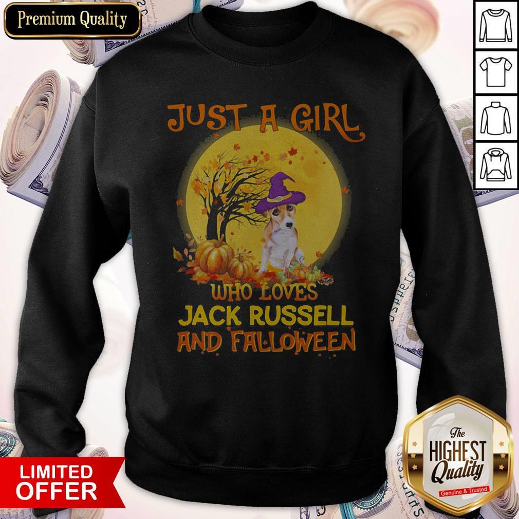 Just A Girl Who Loves Jack Russell And Falloween Pumpkin Sunset Halloween Shirt - Image 2