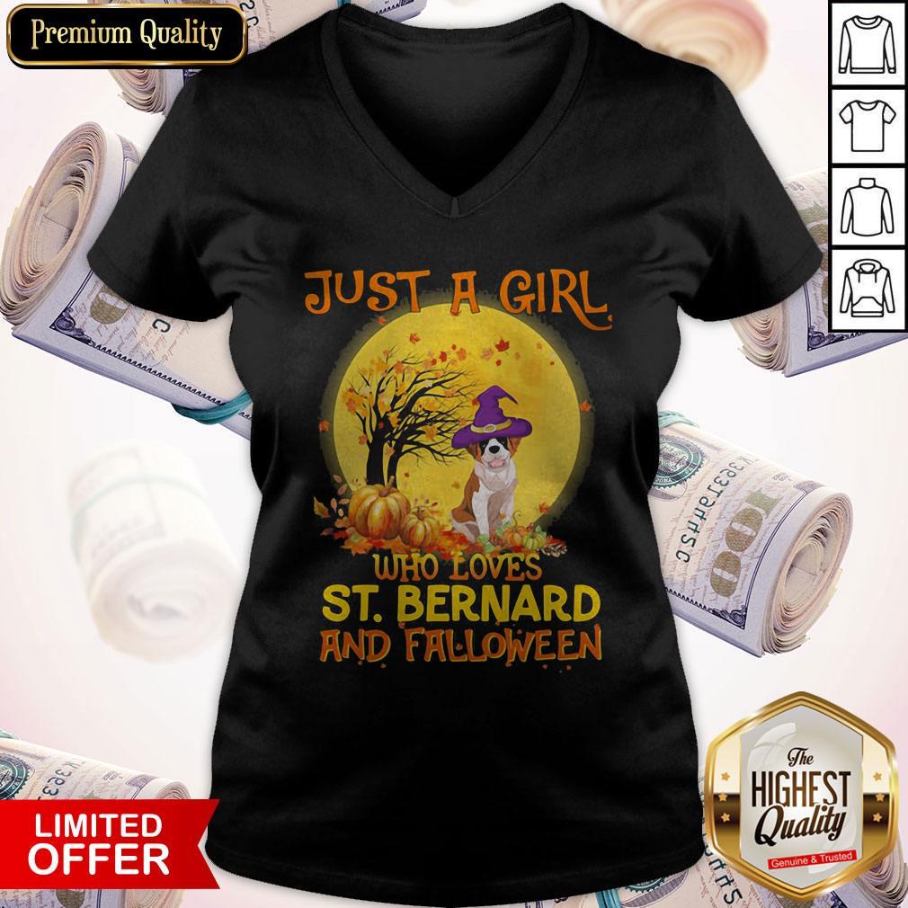 Just A Girl Who Loves St.Bernard And Falloween Pumpkin Sunset Halloween Shirt - Image 4