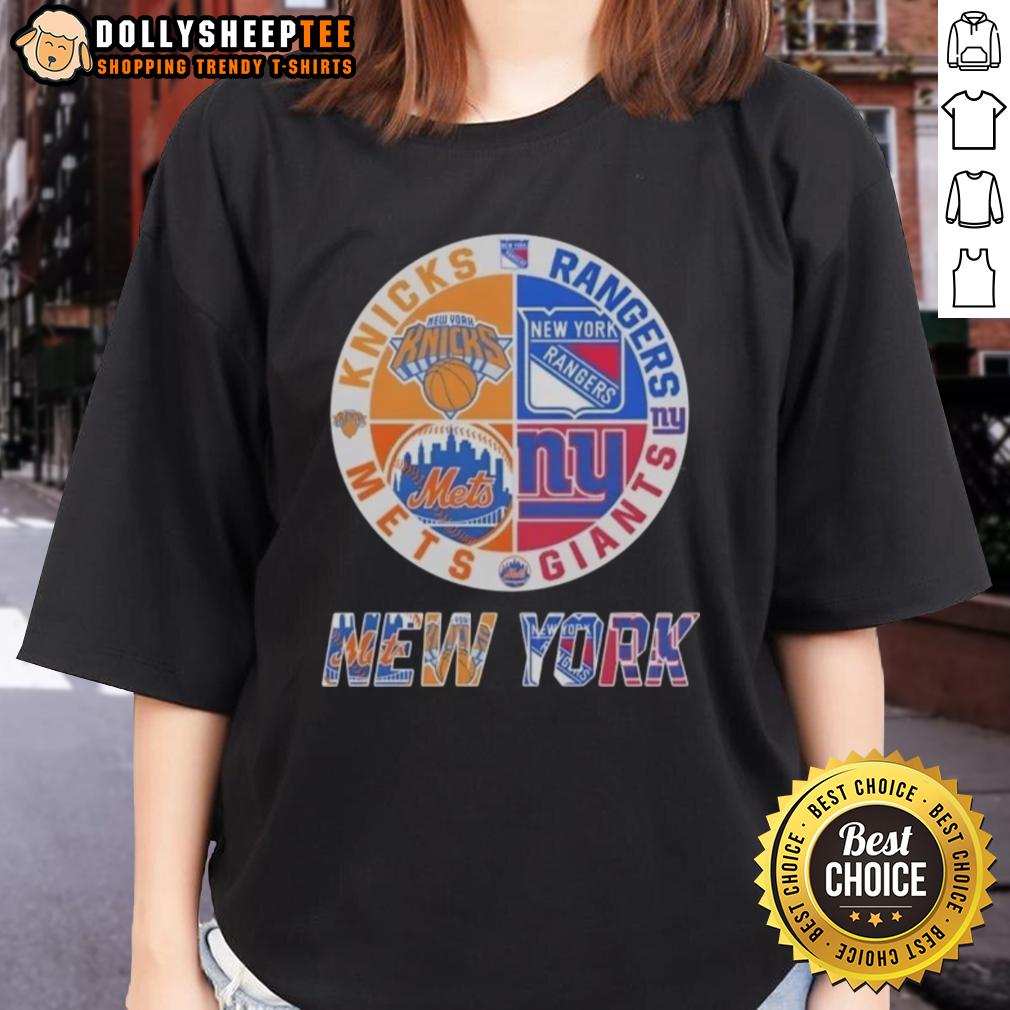 Awesome New York Knicks New York Mets New York Giants New York Rangers Mashup Logo T-Shirt - Image 3