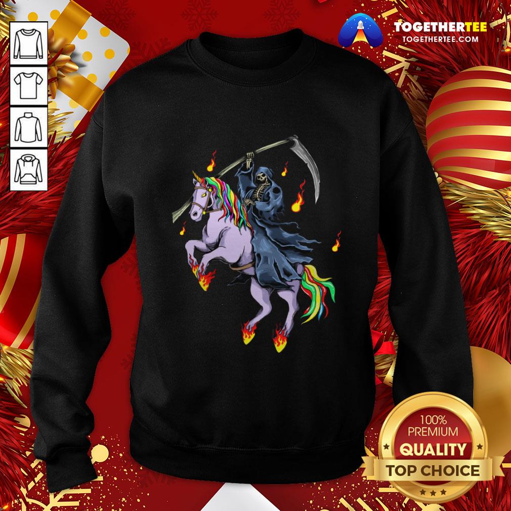 Nice Grim Reaper Skeleton Death Riding A Unicorn Fire Shirt - Image 4