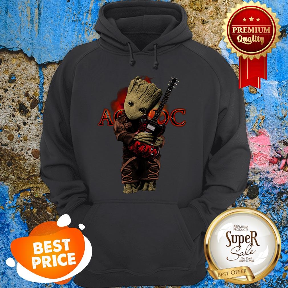 Nice Baby Groot Hug ACDC Logo Guitarist Shirt - Image 2