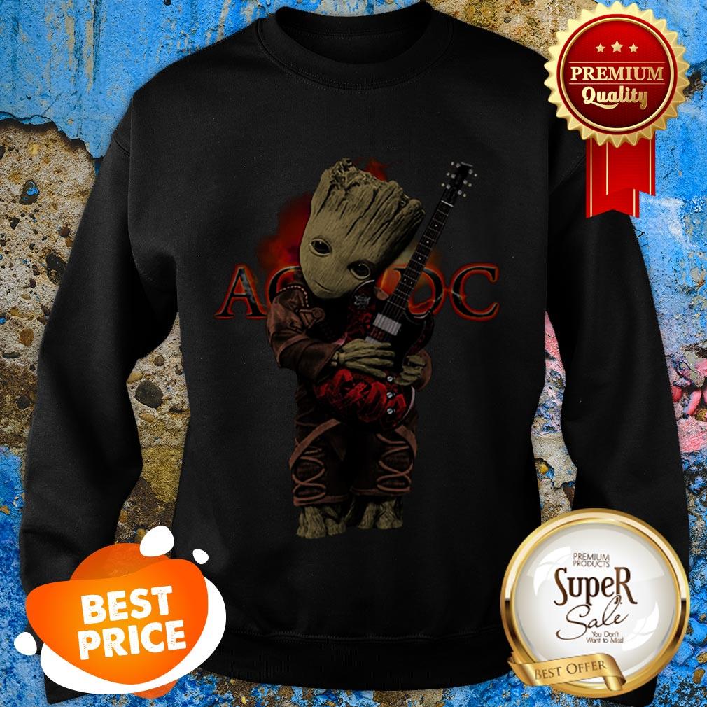 Nice Baby Groot Hug ACDC Logo Guitarist Shirt - Image 3