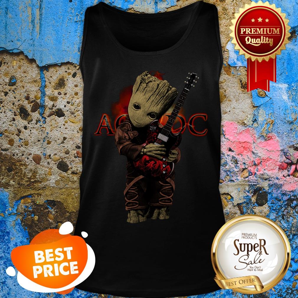 Nice Baby Groot Hug ACDC Logo Guitarist Shirt - Image 4