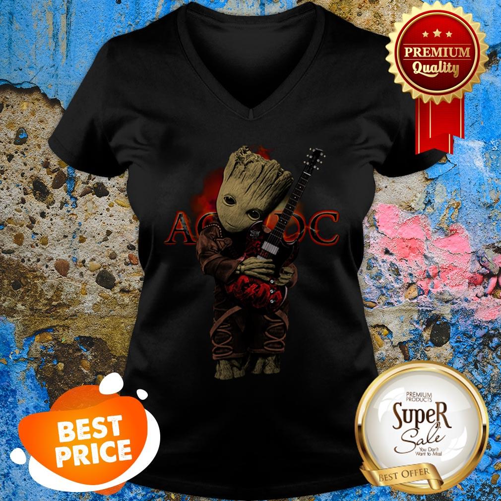 Nice Baby Groot Hug ACDC Logo Guitarist Shirt - Image 5