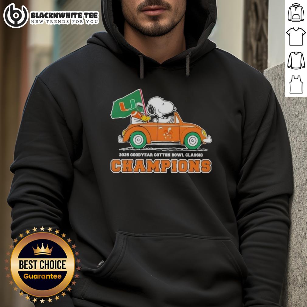 Top 2025 Goodyear Cotton Bowl Classic Champions Snoopy Driving Car Miami Hurricanes Football T-Shirt - Image 2