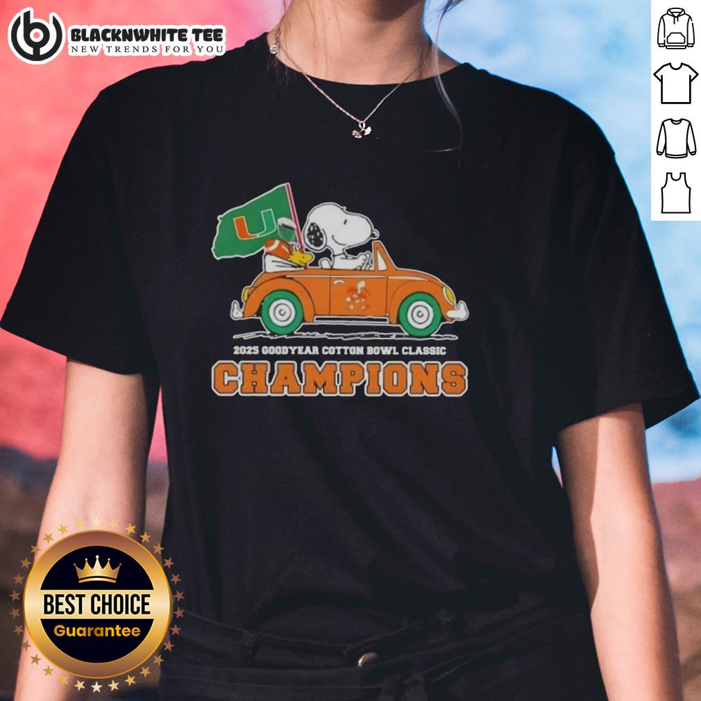 Top 2025 Goodyear Cotton Bowl Classic Champions Snoopy Driving Car Miami Hurricanes Football T-Shirt - Image 3