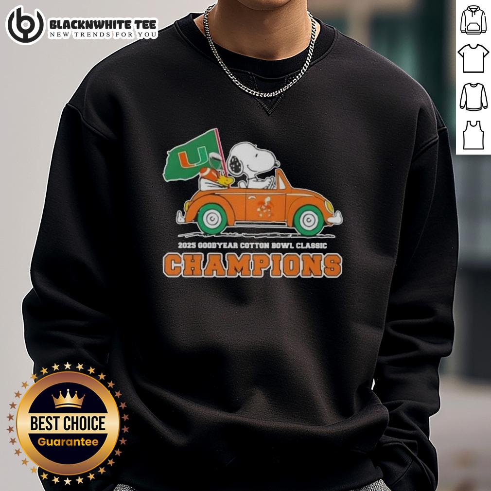 Top 2025 Goodyear Cotton Bowl Classic Champions Snoopy Driving Car Miami Hurricanes Football T-Shirt - Image 5