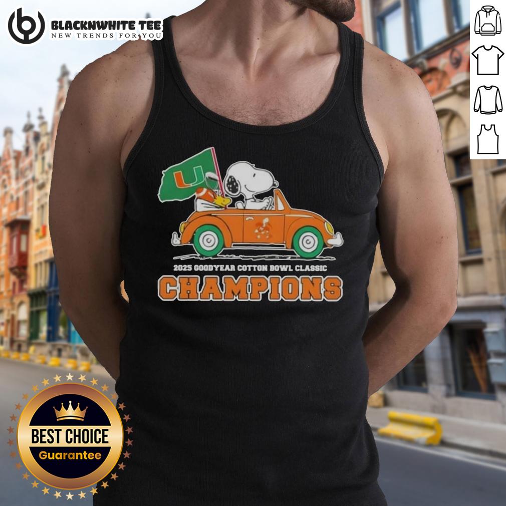 Top 2025 Goodyear Cotton Bowl Classic Champions Snoopy Driving Car Miami Hurricanes Football T-Shirt - Image 4