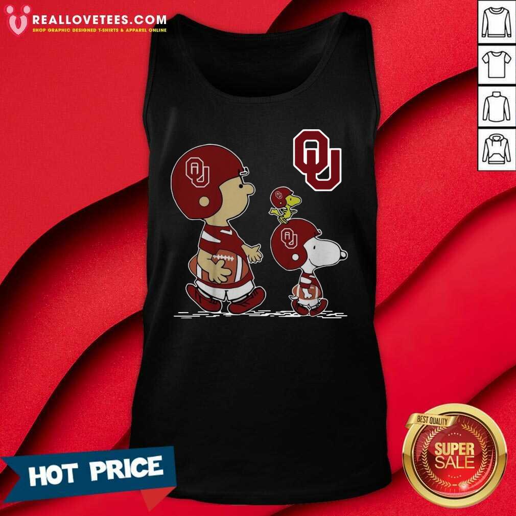 Nice The Peanuts Charlie Brown Snoopy Woodstock Oklahoma Sooners Football Shirt - Image 2