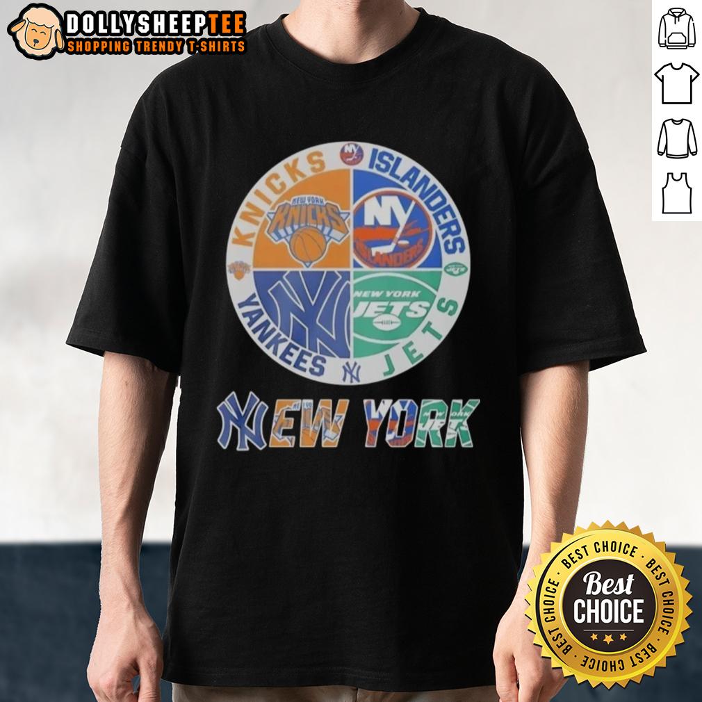 Nice New York Knicks New York Islanders New York Yankees And New York Jets Mashup Logo T-Shirt