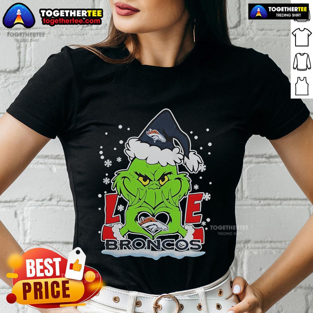 Official The Grinch Love 2024 Denver Broncos Football Christmas T-Shirt - Image 3