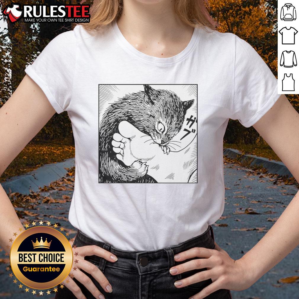 Premium Cat Bites Feet Cartoon T-Shirt - Image 3