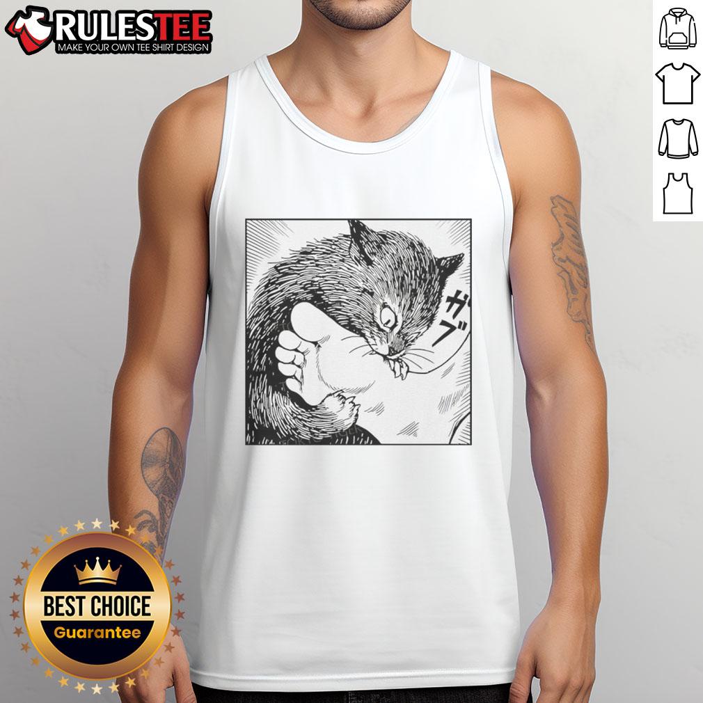 Premium Cat Bites Feet Cartoon T-Shirt - Image 4