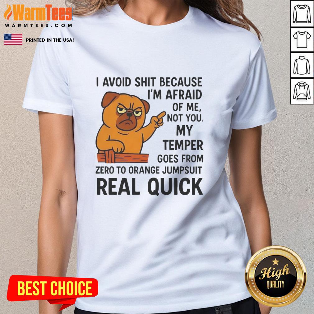Pretty Angry Pug Temper Orange Jumpsuit T-Shirt - Image 3