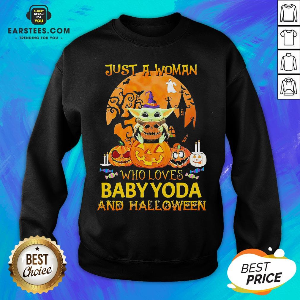 Just A Woman Who Loves Baby Yoda And Halloween Shirt - Image 2