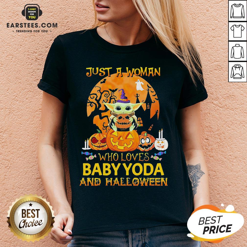 Just A Woman Who Loves Baby Yoda And Halloween Shirt - Image 4